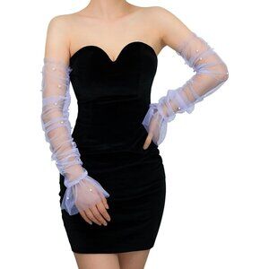 Women's Lavender Pearl Tulle Mesh Long Sheer Gloves Fingerless Wedding Party Tea